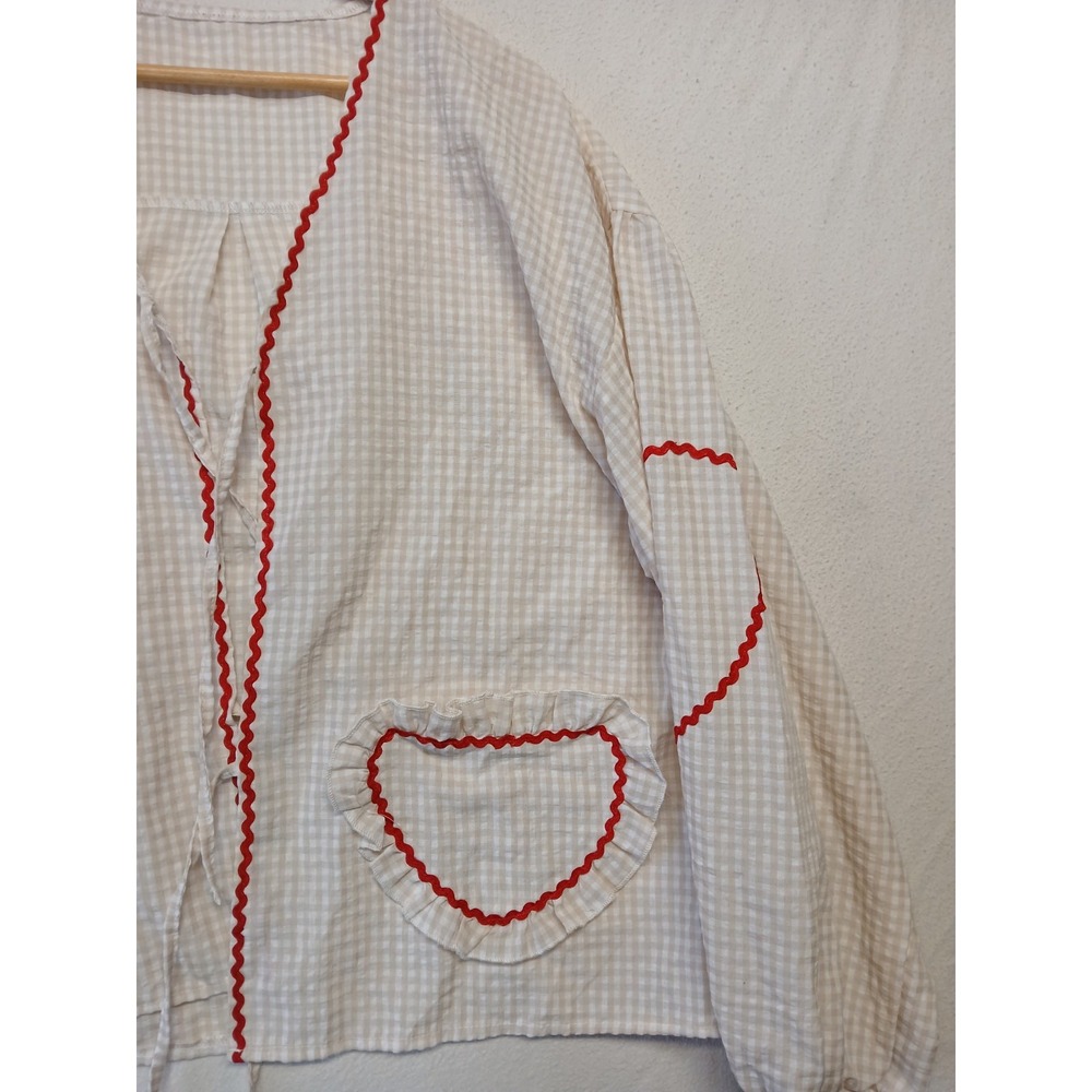 Gingham Tie Top‎ Red Details Boho Cottagecore Peasant Blouse Size Large
